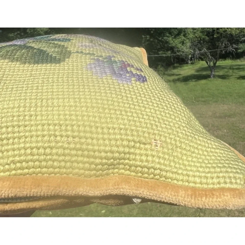 Vintage Hand Needlepoint Pillow Violets Snowdrops Mustard Velvet 12